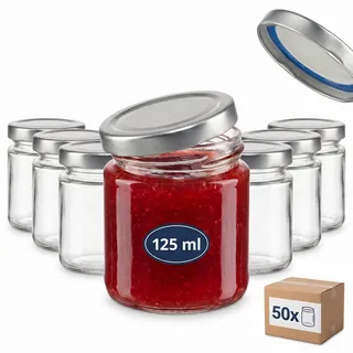 gouveo 50er Set Einmachgläser 125 ml (0,125 l) Einmachglas Helix mit Schraubdeckel (TO 53) Twist-Off Deckel Metall silberfarben BS, kleine Sturzgläser für Marmelade, Honig, Gewürze (HEG125SBS)