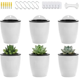 ORIMERC 6er-Set Selbstwässernder Blumentopf Wand hängende Selbstbewässerungstöpfe Küche Kräutertopf Wandtöpfe Pflanze innen Wasserspeicher Pflanzgefäße Kräutergarten Balkon vertikal Wandmontage weiß