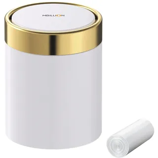 Mbillion Mini-Mülleimer mit Deckel, niedlicher Tisch-Mülleimer aus Metall, Edelstahl, 1,5 l, Abfalleimer für Büro Schlafzimmer Schwingdeckel offen weiß