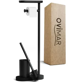 ovimar 3-in-1 Stand WC-Garnitur Tysnes in schwarz | WC Bürstengarnitur mit Silikonbürstenkopf, WC Rollenhalter und Smartphone Ablage | Platzsparend | | Eleganter Badezimmer Organizer in Edelstahl