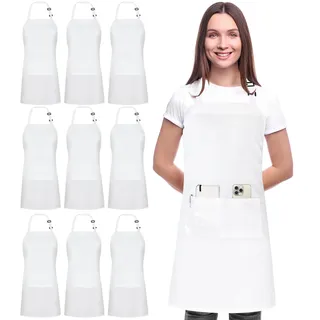 Utopia Kitchen Verstellbare Latzschürze (10er-Pack) Chef Kochen Küche Männer Frauen Kellnerin Server Arbeitsschürzen mit Taschen, weiß, 10 Stück