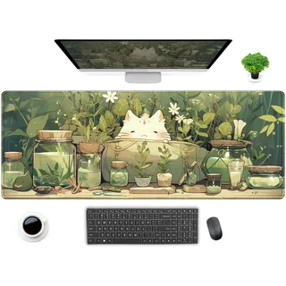 dcjjm Schreibtischunterlage mit niedlichem Kawaii-Katzen-Motiv, Motiv: weiße Katze, Anime, grüne Pflanzenblätter, großes Mauspad, Gaming-Schreibtischunterlage, XL-Mauspad, Schreibtischzubehör für Frauen,