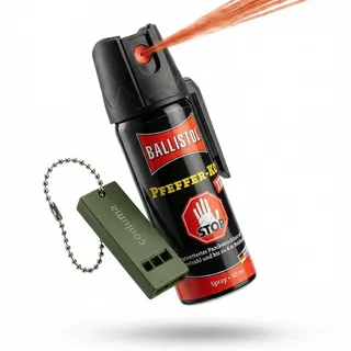 Pfefferspray mit Panikverschluss 50ml – KO-Spray & Tierabwehrspray zur Selbstverteidigung mit 4m Reichweite – Sicherheits-Set inklusive lauter Signalpfeife (1)