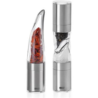 AdHoc Geschenkset Groß: Chilischneider Pepe & Doppelmühle Duomill Pure – Manuelle Chilimühle mit Edelstahl-SchneidWerk & stilvolle Salz- und Pfeffermühle im passenden Design für Genießer