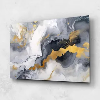 ARTHUB® Glasbild 80x120 cm, 4mm ESG | Moderne Wandbilder aus Glas für Wohnzimmer & Schlafzimmer, Wanddekoration, Wohnkultur, Abstrakte, Gold Grey Liquid Marble