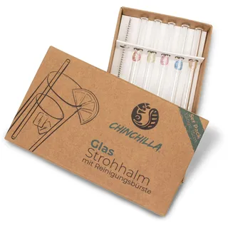 Chinchilla 5er-Pack Glas Strohhalme | 15cm Transparent mit Logos | Wiederverwendbare & Plastikfreie Trinkhalme aus BPA-freiem Glas | inklusive Aufbewahrung & Reinigungsbürste, CC-1004-1