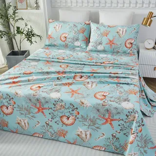 Brandream Bettwäsche-Set für Queen-Size-Betten, maritimes Design, 100% Baumwolle, 4-teilig, Spannbettlaken, Kopfkissenbezüge, 800 TC