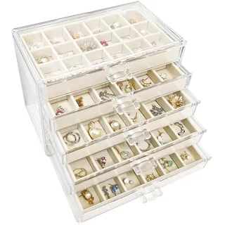 Kongming Acryl Schmuckaufbewahrung 5 Ebenen, Schmuck Organizer Schmuckkasten mit 5 Samt Schublade Jewelry Box mit Aufnehmbare Tabletts für Schmuck Aufbewahrung, Halsketten, Ringe, Ohrringe (Beige)