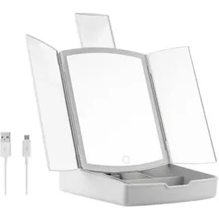 InnovaGoods - Klappbarer LED Spiegel mit 3-in-1 Make-up Organizer, Touch-Steuerung, 3 Beleuchtungsmodi, USB oder Batteriebetrieb, Weiß, Glas 1 Einheit - Grau