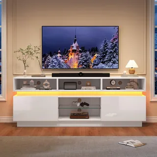okwish TV-Schrank Sideboard mit Ablage aus gehärtetem Glas Fernsehbank Wohnzimmerschränke mit LED Beleuchtung TV-Lowboard mit offenen Fächern für 60-Zoll-Fernseher Weiß - Weiß