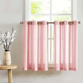 TOPICK Voile Scheibengardinen mit Ösen Transparent Bistrogardine Landhaus Streifen Küchenvorhang Gestreift Küchengardinen Paarig für Badezimmer Klein Fenster Dekor 90x115cm(BxH) Rosa 2er Set