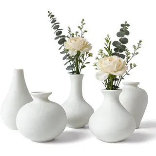 Mini Vasen Set Keramik Weiß 5er Kleine Vasen für Tischdeko Mini Porzellan Vase Keramik Vase Weiss Matt Moderne Deko Vase Weiß für Blumen Pampasgras Wohnzimmer Eingangs und Tisch Dekoration
