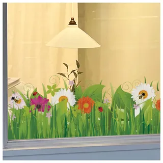 Sommer-Frühlings-Fensteraufkleber – Wildwiese mit Blumen und Insekten – selbsthaftende Fenster-Bordüre – saisonale Fenster-Deko