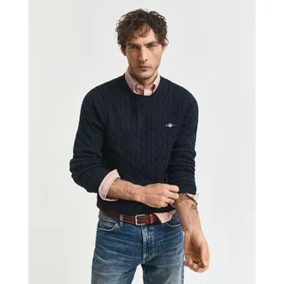 Strickpullover GANT "COTTON CABLE C-NECK", Herren, Gr. 3XL, blau (evening blau), Obermaterial: 100% Baumwolle, regular fit hüftlang, Rundhals, Rippstrickbündchen, Pullover Strickpullover, mit Wappen-Logostickerei auf der Brust
