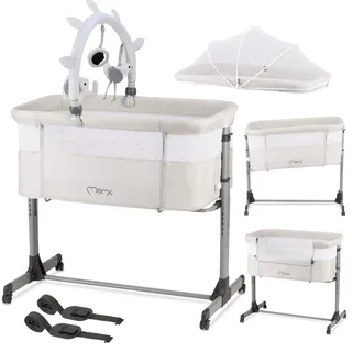 MOMI REVO Multifunktions-Beistell- und Kinderbett, 6-stufig höhenverstellbar von 72 bis zu 82 cm, mit Rollen, inkl. Matratze, Befestigungsgurte, Insektenschutz und Bügel mit Spielzeugen