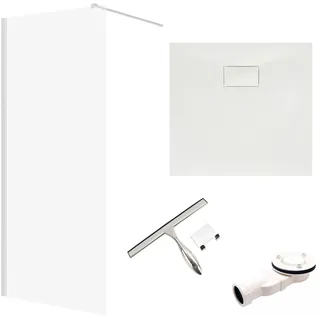 SET Walk-In Dusche 80x195 + Duschwanne 80x80 - Quadratisch Gehärtet Nano Glas Weiß Steinoptik SMC inkl. Siphon & Badwischer| BADLAND KETIL VIDAR