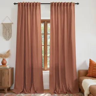 KOUFALL Leinen-Rost-Vorhangpaneele für Wohnzimmer, 244 cm Länge, Ziegelstein-Terrakotta-Rückseite, Schlaufenstangentasche, halbtransparent, Boho-Fenstervorhänge, Terrassentür, Schlafzimmer