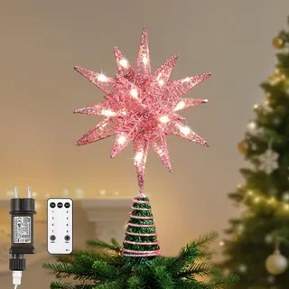 Lewondr Christbaumspitze, Glitzernder Weihnachtsbaum Topper Beleuchtete Funkelnde 3D geometrisch Stern Weihnachtsbaumspitze Weihnachten Dekoration LED Dekorativ Licht, Rosa