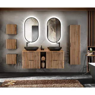 Badezimmer Komplett Set Doppelwaschtisch mit Regal XANTEN-56 in anthrazit mit Eiche Nb. schwarze Rillen, B/H/T: ca. 240/200/46,5 cm - Braun