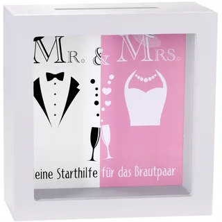 BRUBAKER Bilderrahmen Spardose Mr & Mrs - Kleine Starthilfe für das Brautpaar - Kreatives Geldgeschenk zur Hochzeit aus Holz zum Befüllen - 3D Bilderrahmen Grau - Weiß