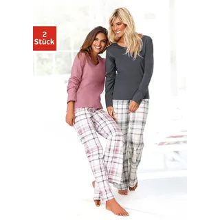 Schlafanzug ARIZONA, Damen, Gr. 44/46, lila (mauve kariert, grau kariert), Single Jersey, Obermaterial: 100% Baumwolle, kariert, unifarben, Basic, lang, Rundhals, abgerundeter Saum, Homewear-Sets Schlafanzug, mit Hose im Karodesign, Topseller