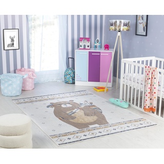 Livabliss Bär Kinderteppich waschbar - Cartoon Teppich 120x170 cm, Waschbarer Teppich Kinderzimmer oder Babyzimmer, Krabbelteppich oder Spielteppich - Baby Teppich für Jungen & Mädchen, Beige