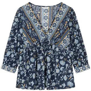 SPRINGFIELD Damen Camiseta Cuello de Pico Con Estampado Boho Y Cordones Spaguetti Bluse mit Mix Print, Maritimes Blau, XS