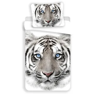 Jerry Fabrics Tiger Blanc Bed Linen 100% Cotton 140 x 200 cm 70 x 90 cm (White)
