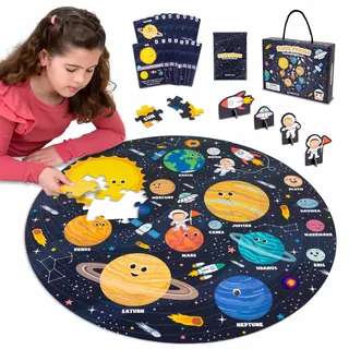 BONNYCO XXL Puzzle Kinder Sonnensystem mit 70 Große Teile mit Planeten | Mit 15 Karten und 4 Figuren. Rund Kinderpuzzle 58 x 58 cm Vorlage inklusive. Lernspiele, Geschenk, Spielzeug ab 4 Jahre Junge