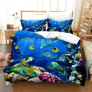 EHAOKK 3D Meer Tier bettwäsche Set,Delfin/schildkröten Motive Bettbezug | Tropischer Fisch/Korallen/Blaue Unterwasserwelt bettwäsche,für Kinder,Jungen und Mädchen(C,135x200cm)