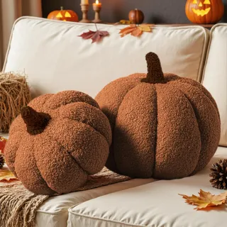 Lanpn 2 Stück Herbst kürbis Kissen, Halloween Deko Plüsch Kürbis dekokissen Plüschiges 3D Kürbisoptik Kürbiskissen für Herbst Thanksgiving Schlafzimmer Sofa Couch (Braun, 32x22 cm & 23x18 cm)