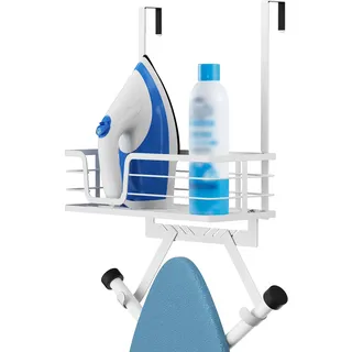 KES Bügelbretthalter Tür Hängen Bügeleisenhalter Bügelbrett Aufhänger Bügelbrett Halterung ohne Bohren mit Korb für T Form Weiß, HIR500A-WH