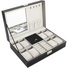 Todeco - Schmuckbox für Uhren, Uhren Schmuck-Vitrine - Größe: 30 x 20 x 8 cm - Material der Box: PU - 8 Uhren, Schmuck und Spiegel, Grau