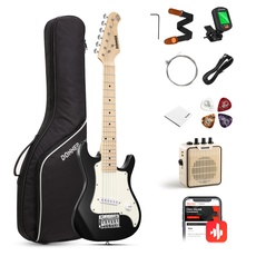 Donner E-Gitarre Set Anfänger Junior Kit ST-Stil 30 Zoll Mini Gitarren Premium Bundle mit Verstärker, Stimmgerät, Kapodaster, Tasche, Gurt, Saite, Kabel (DSJ-100, Schwarz)