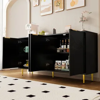 MODFU Sideboard mit 4 Türen,Kommode mit Goldfarbener Metallgriff,Aufbewahrungsschrank mit Hochglanz Tischbeine ,Schwarz - Schwarz