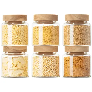Econovo® Vorratsgläser mit Deckel (6-teilig) 170ml, Vorratsdosen aus Glas mit Holzdeckel luftdicht, Vorratsbehälter Aufbewahrungsgläser Set für Lebensmittel groß & klein