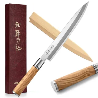 HEZHEN 240mm Sashimi Messer, Sushi Yanagiba Messer, Olivenholz Griff Messerkoffer aus Holz
