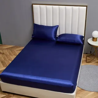 Damier Satin Spannbettlaken 200x200cm Blau Seide Glänzend Spannbetttuch Hochwertiges Satin Deluxe Bettlaken, geeignet für Matratzen bis 30cm