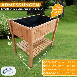 Coemo Hochbeet großes Kräuterbeet Holz mit Pflanzfolie 120 x 40 x 90 cm - Braun