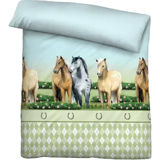 Biberna Linon Bettwäsche Pferde Größe 135x200/80x80 cm grün - Grün