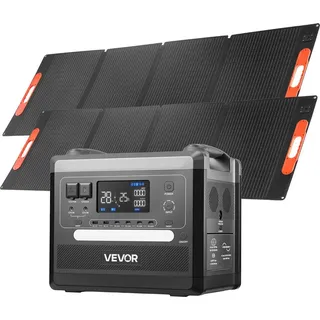 Vevor Tragbare Powerstation, 2400-W-Solargenerator mit 2 faltbaren 200-W-Solarpanels, erweiterbarer 2160-Wh-LiFePO4-Akku mit 10 Ausgängen für Notstromversorgung zu Hause, beim Camping und im Wohnmobil