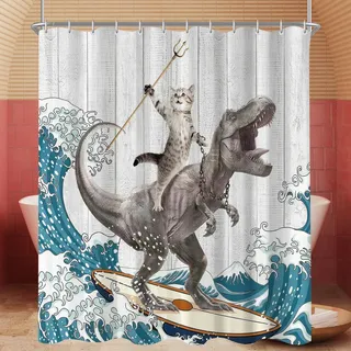 Lerores Duschvorhang 180x200 cm Katzen und Dinosaurier, Beschwerter Saum Antischimmel, Wasserabweisend, Waschbar Polyester Badevorhänge mit 12 Ösen und Duschvorhangringen für Badezimmer, Badewanne