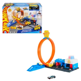Hot Wheels Spielzeugauto Streckenset, Super Polizeiwache-Spielset mit Die-Cast-Fahrzeug im Maßstab 1:64 und anpassbaren Loopings für unterschiedliche Renn- und Stuntmöglichkeiten, JBM71