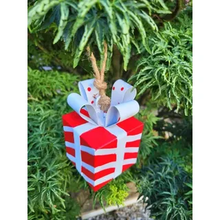 Metallgeschenk zum Hängen, rot-weiß gestreift mit weißer Schleife