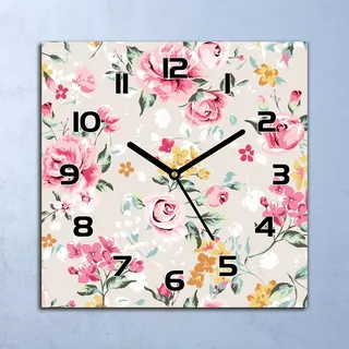 Wanduhr Echt-Glas-Küchenuhr Vintage Rosen Blüten Quarz 30x30 Deko Bilder - Rot