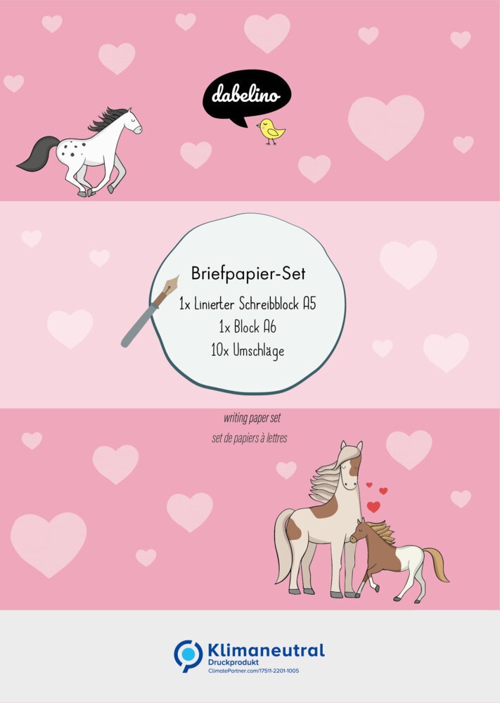 Bild von Liniertes Briefpapier-Set für Kinder: Pferde/ Ponys (rosa mit Herzen, Mädchen)