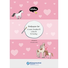 Bild Liniertes Briefpapier-Set für Kinder: Pferde/ Ponys (rosa mit Herzen, Mädchen)