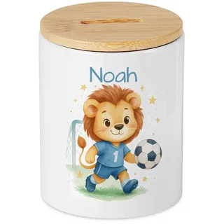 personalisierte Spardose Jungen mit Wunschname - Sparschwein Löwe Fußball Motiv Geburtstag Kinder - Geldgeschenk zur Taufe Einschulung Kommunion