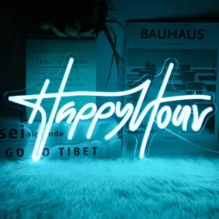 Happy Hour Neon Schild Blaue Buchstaben LED Neonlicht Dimmbares Bar Leuchtreklame Wort Neon Leuchtschild für Bar Pub Restaurant Hotel Man Cave Party USB Betrieben Wanddeko