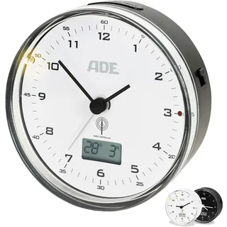 ADE Funk wecker analog ohne Ticken | Uhr mit Temperaturanzeige und Kalender | lautloser analoger Wecker mit Licht | Funkwecker mit Batterie | kleine Uhr zum Hinstellen | schwarz